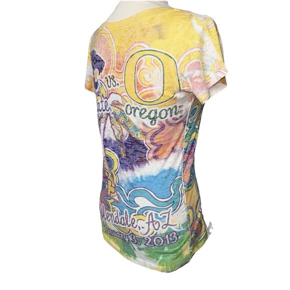 2013 Fiesta Bowl Shirt KS OR Womens LG V Neck Burnout Camo Trippy Rainbow Color - Picture 4 of 9